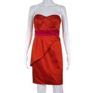 Phoebe Couture Red Orange Hot Pink Strapless Satin Silk Combo Sheath Dress 4 S